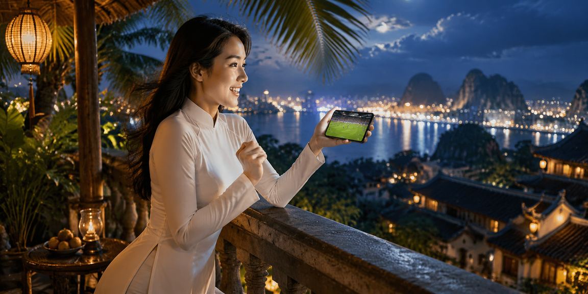 Người phụ nữ Ninh Bình trong trang phục áo dài truyền thống theo dõi kèo thể thao trên điện thoại